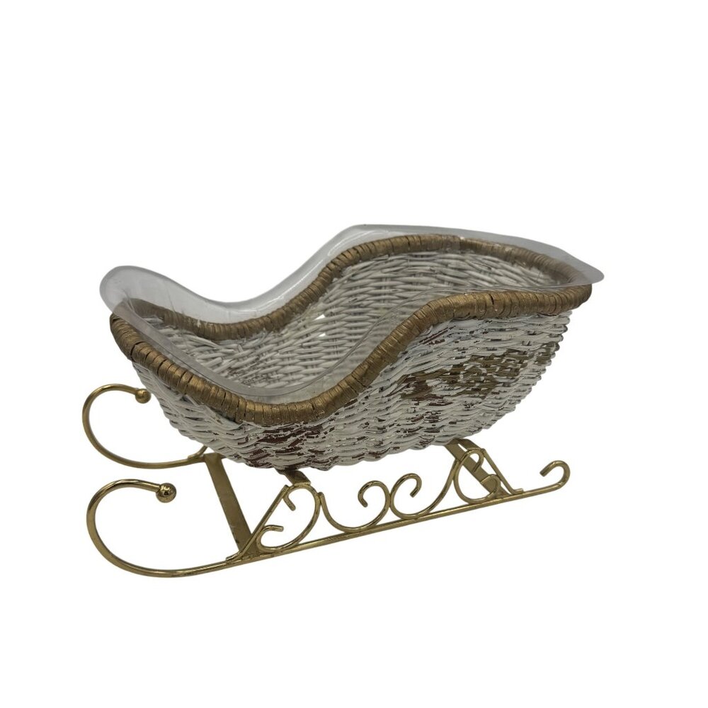 White & Gold Wicker Sleigh Basket With Metal Frame Floral Container